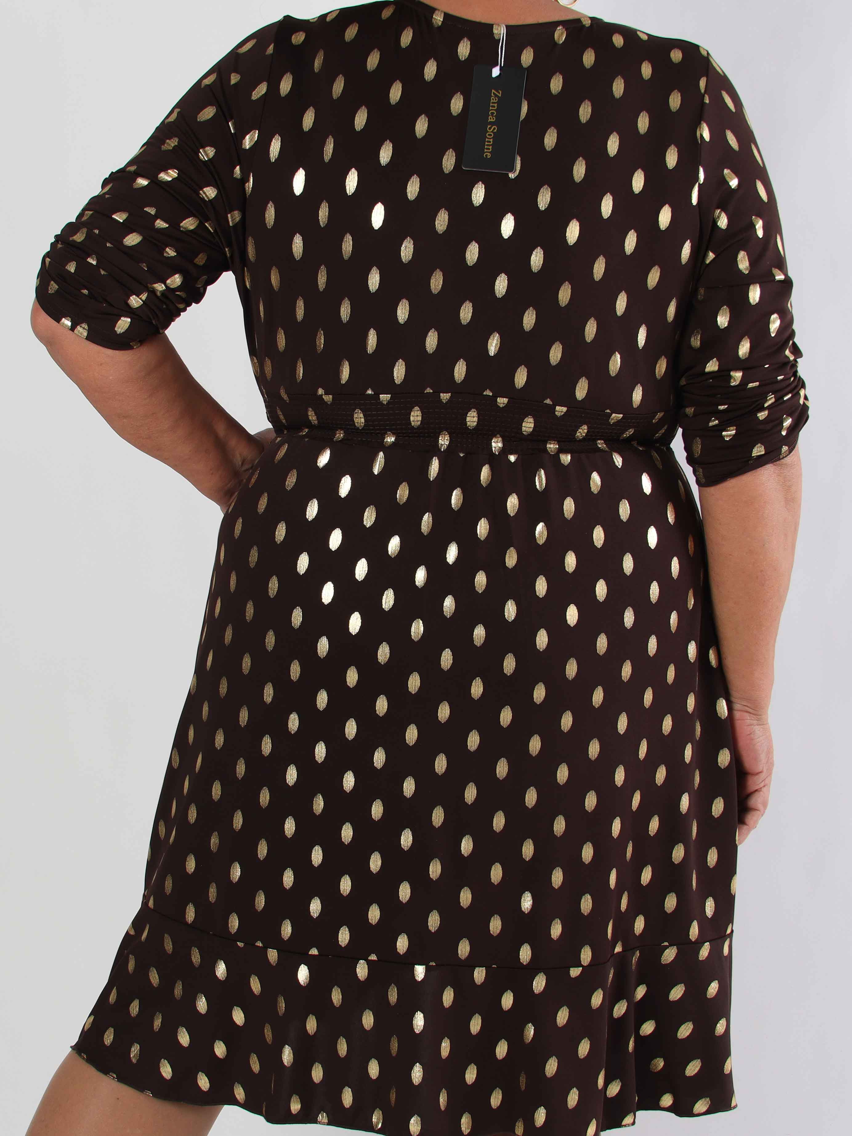 Savina Gold - Elastisk plus size klänning i omlott-look med guldprickar
