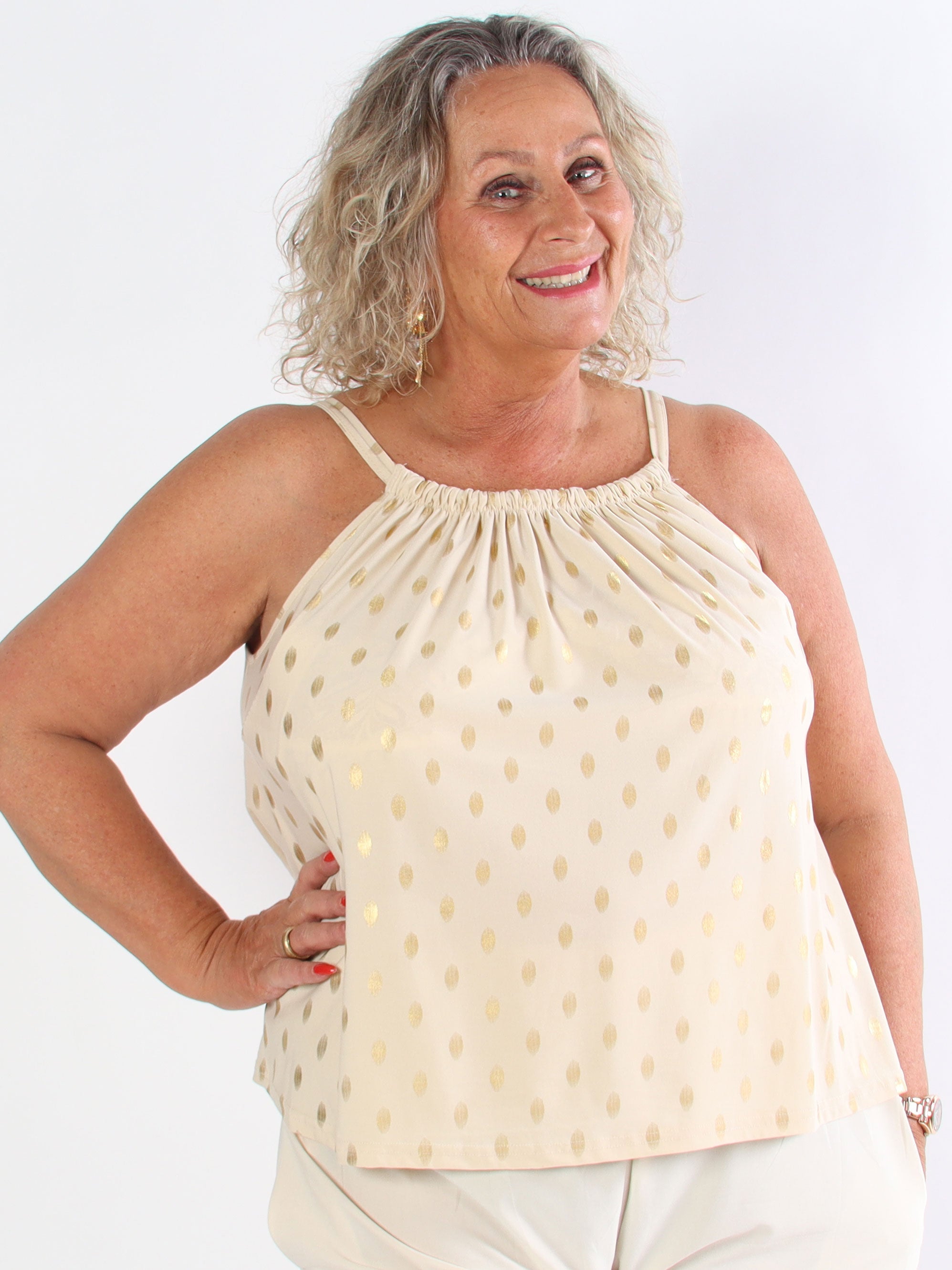 Sunlove Dot Top - Elastisk plus size-topp med band och guldprickar