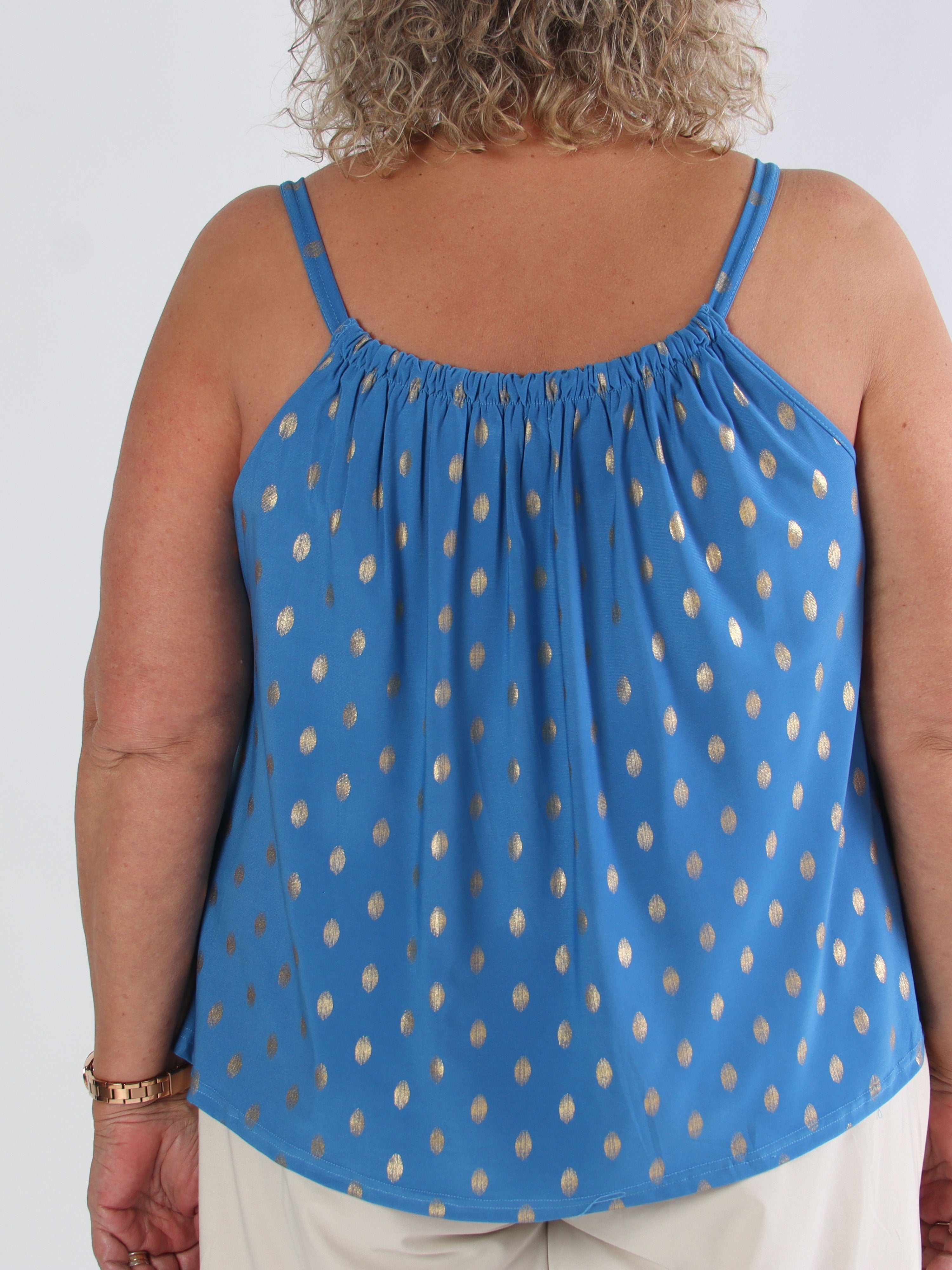 Sunlove Dot Top - Elastisk plus size-topp med band och guldprickar