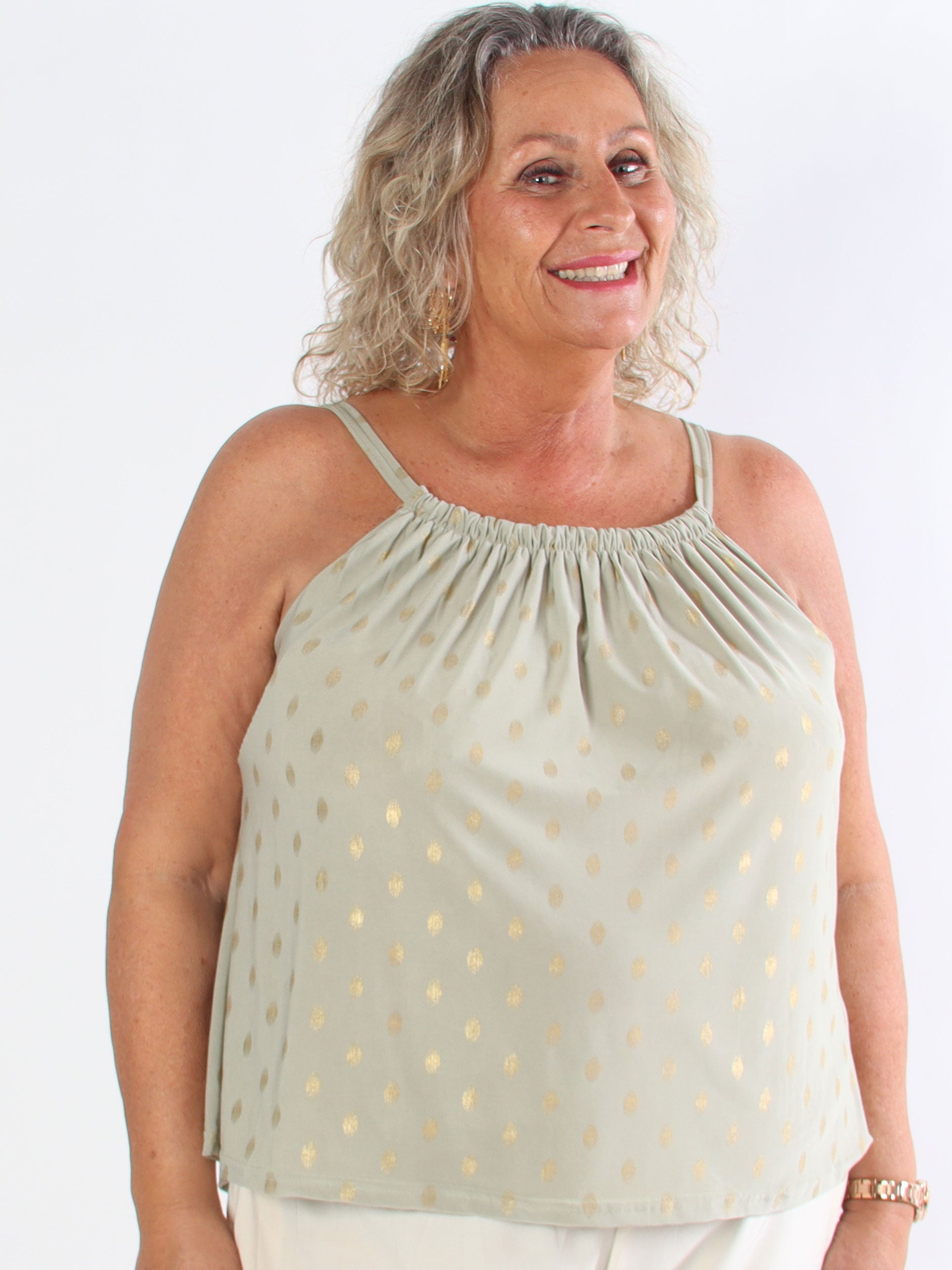Sunlove Dot Top - Elastisk plus size-topp med band och guldprickar