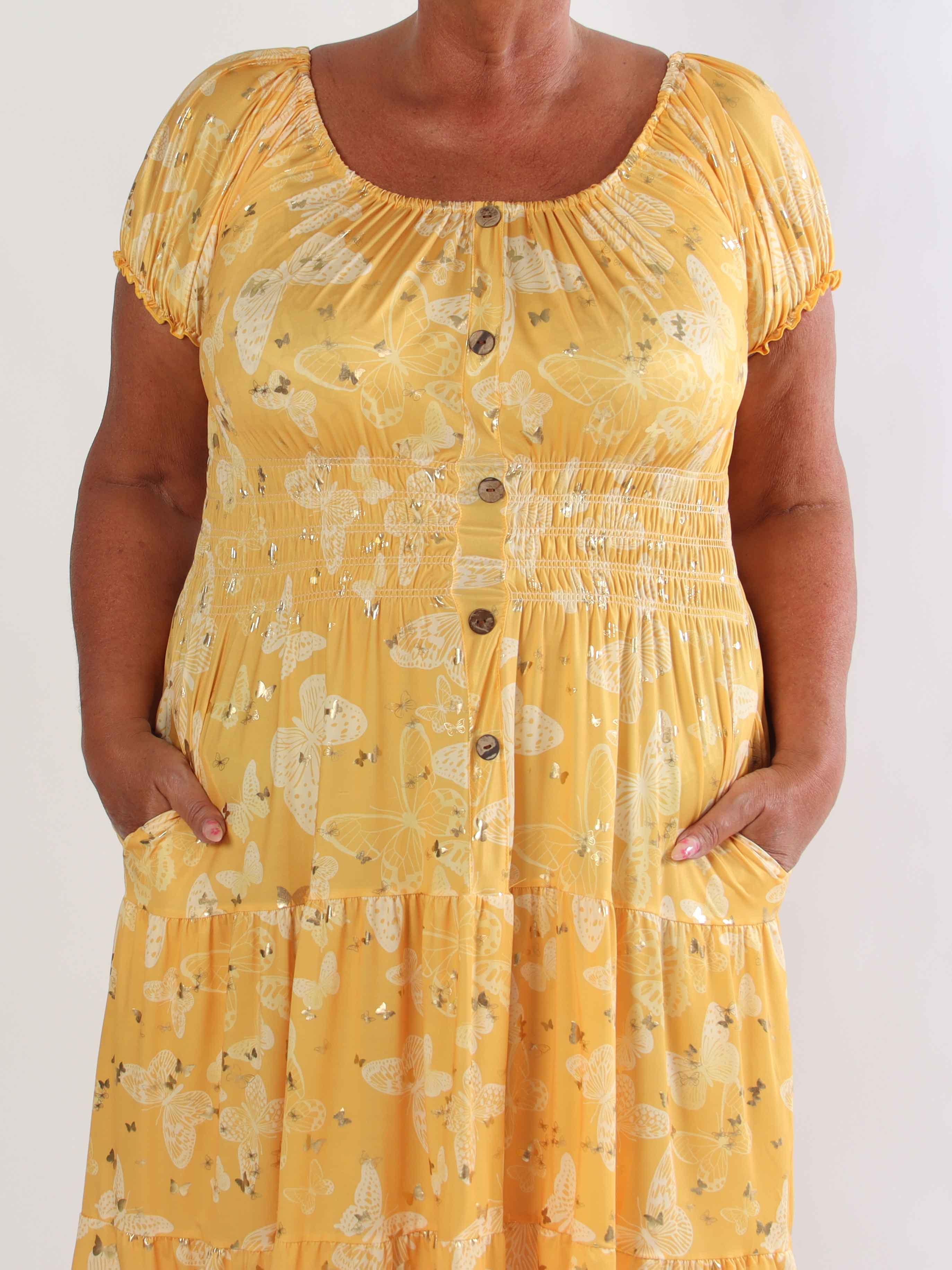 Tea Butterfly - Plus size kjole med smukt sommerfugleprint og elastisk udskæring