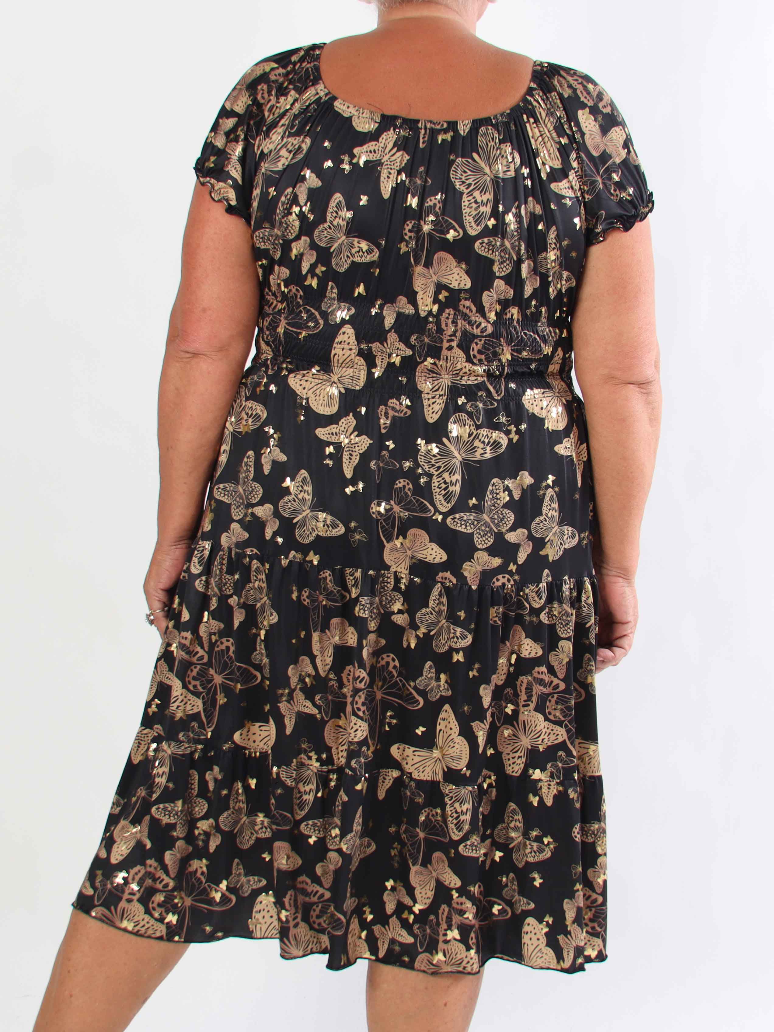 Tea Butterfly - Plus size kjole med smukt sommerfugleprint og elastisk udskæring
