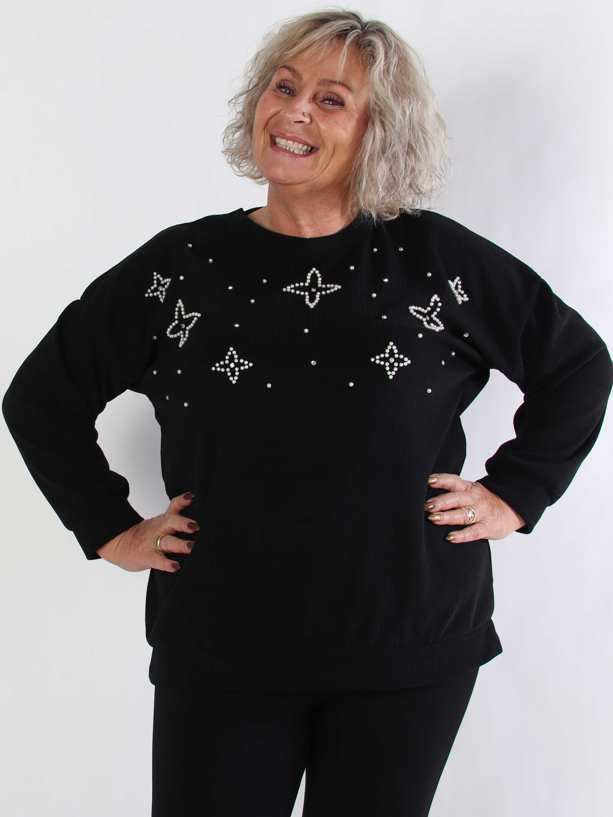 Uma - Plus size blus i sammet med pärlor och strass