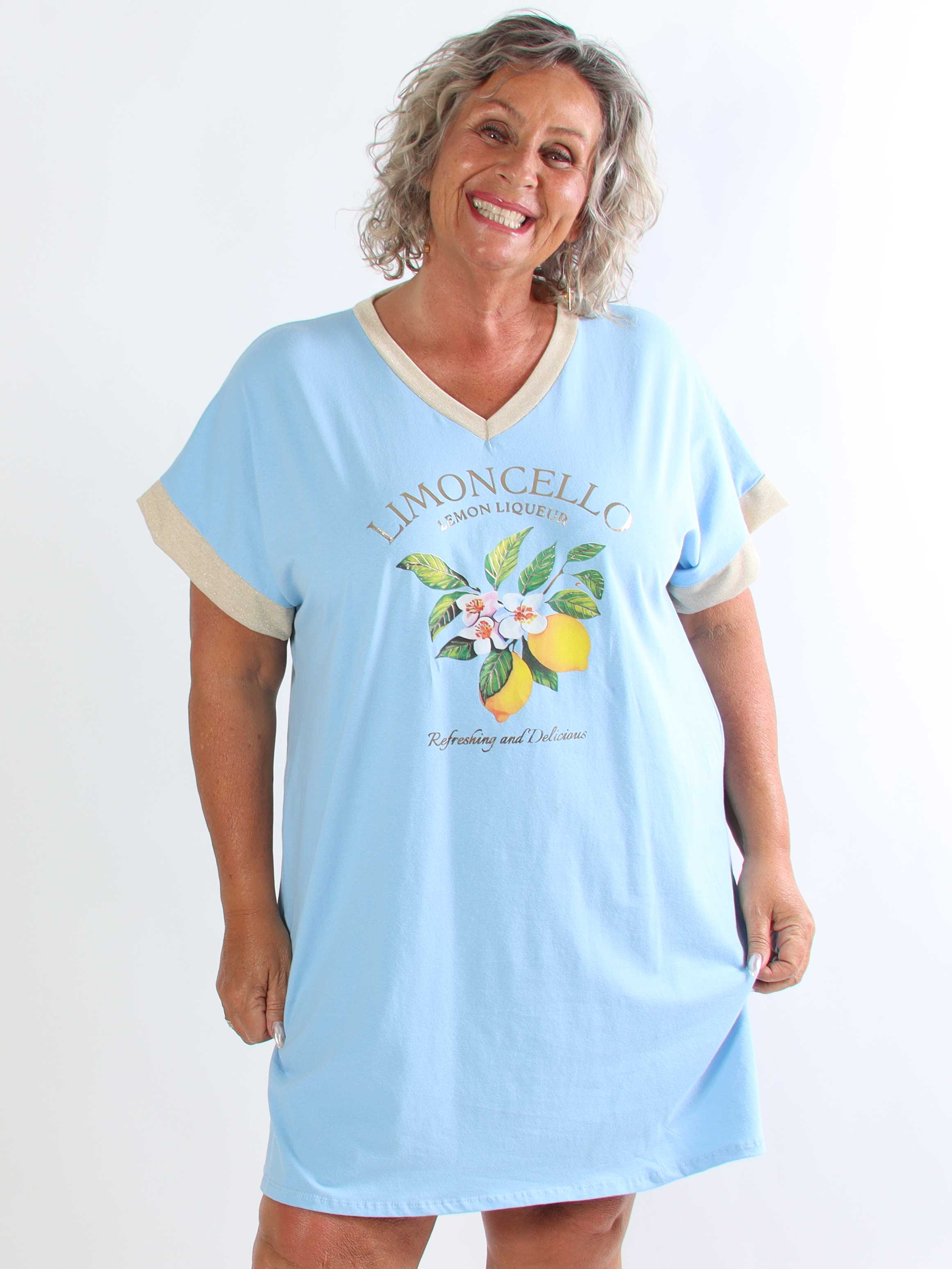 Zandra - Plus size t-shirtkjole i bomuld med citroner og guld detaljer