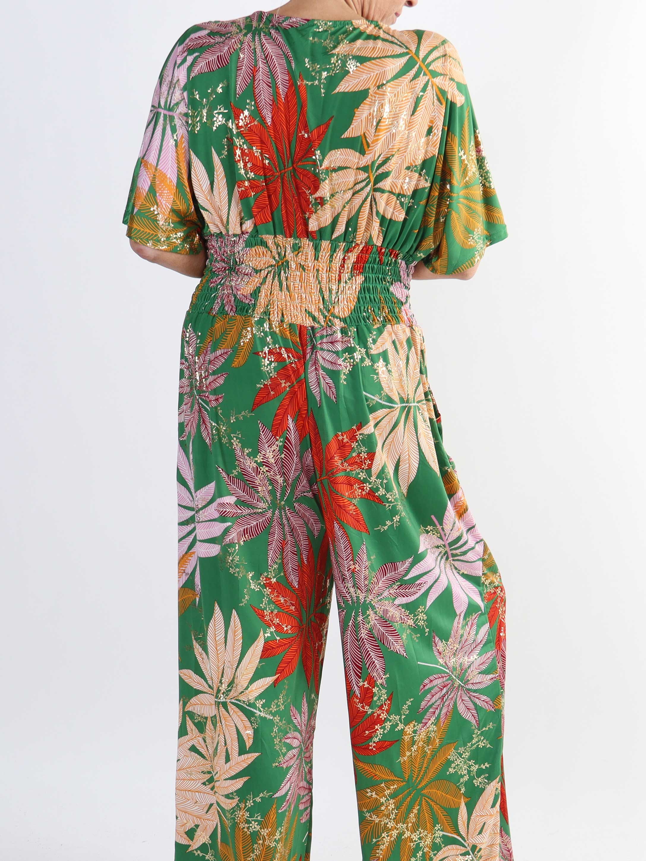 Pams Multi Leaf Jumpsuit - Jumpsuit med resår och bladmönster i stora storlekar