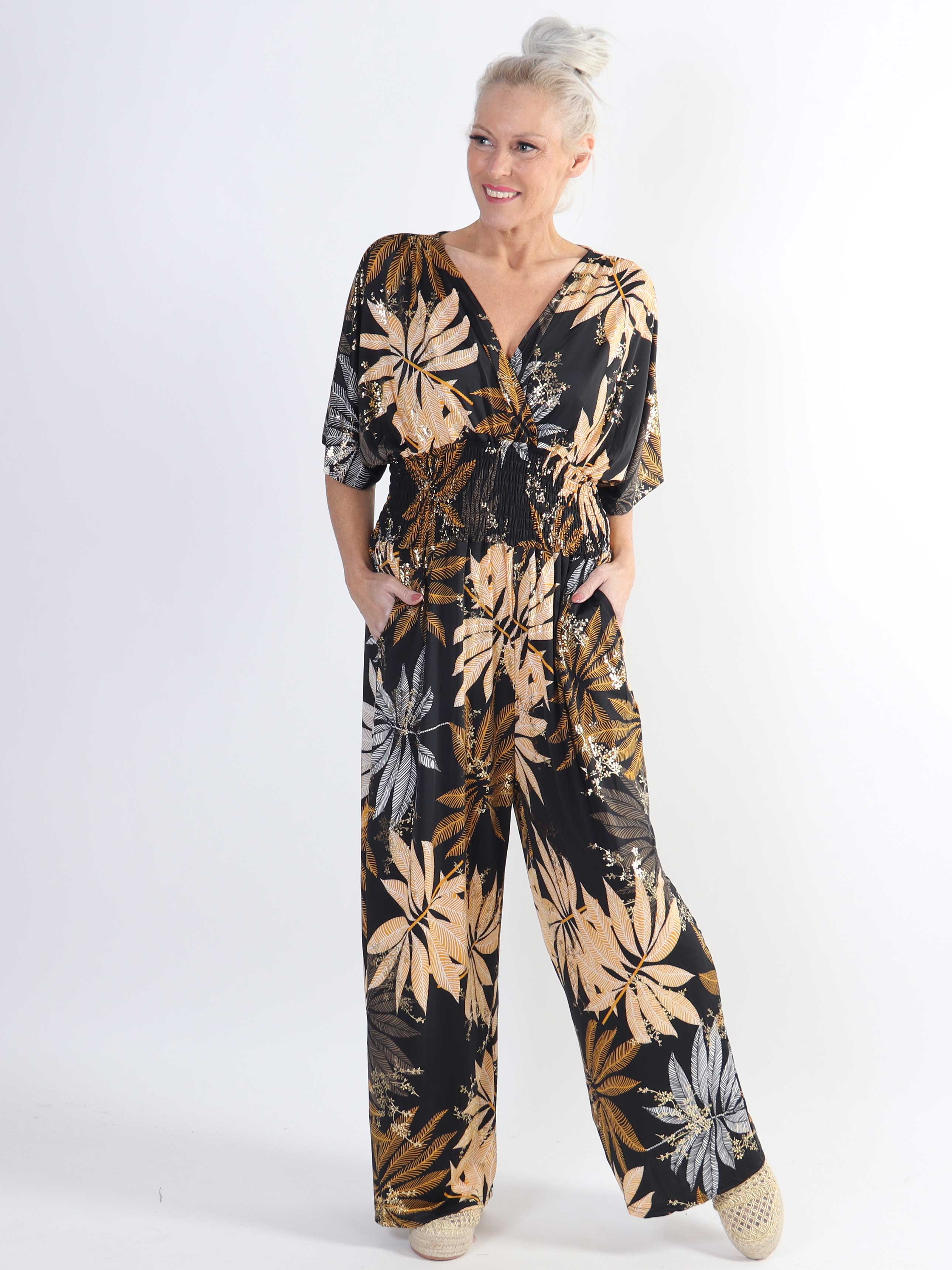 Pams Multi Leaf Jumpsuit - Jumpsuit med resår och bladmönster i stora storlekar