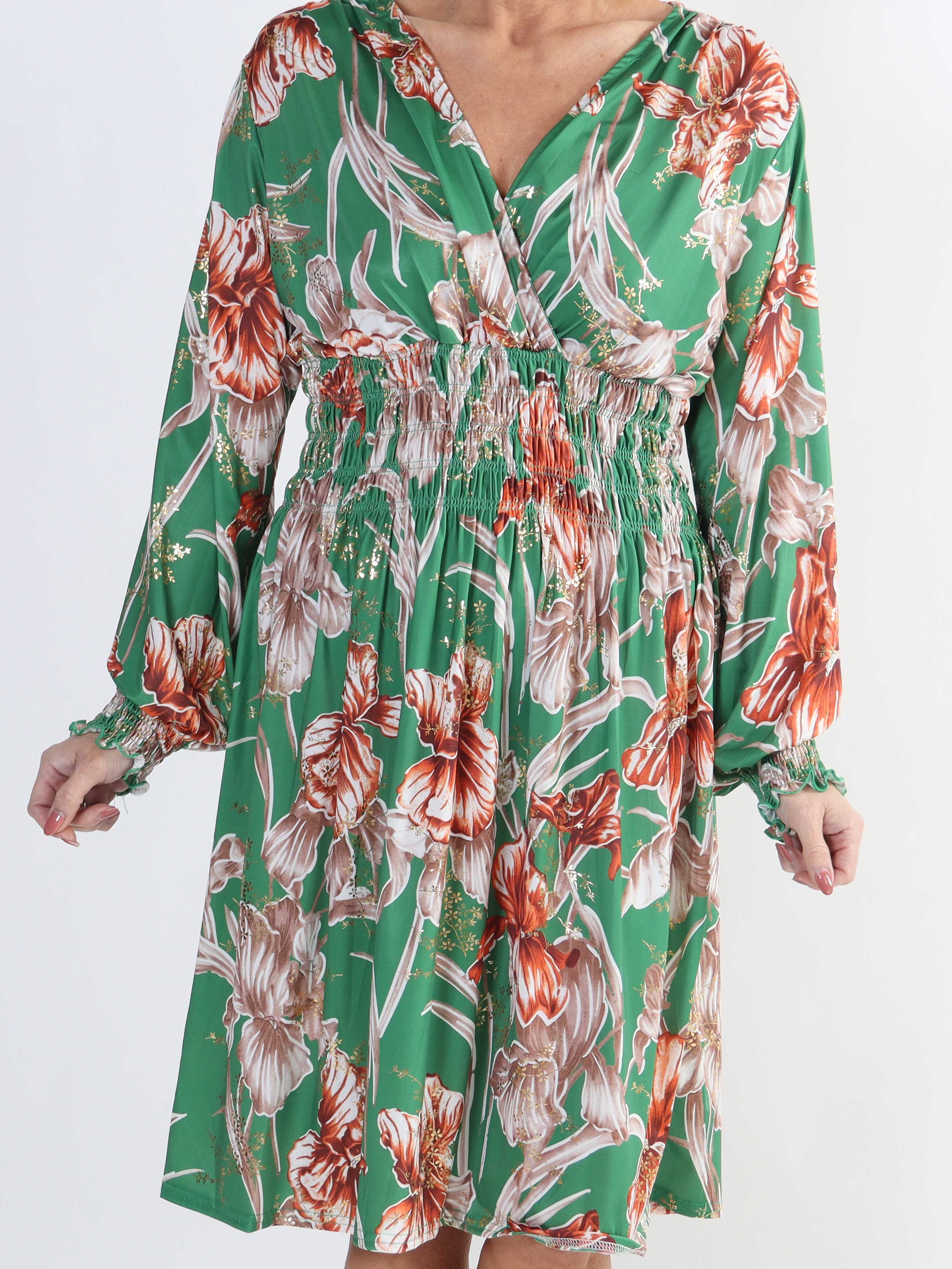 Pams Flower Short L/S - Elastisk mönstrad plus size-klänning i skrynkelfritt tyg - Green