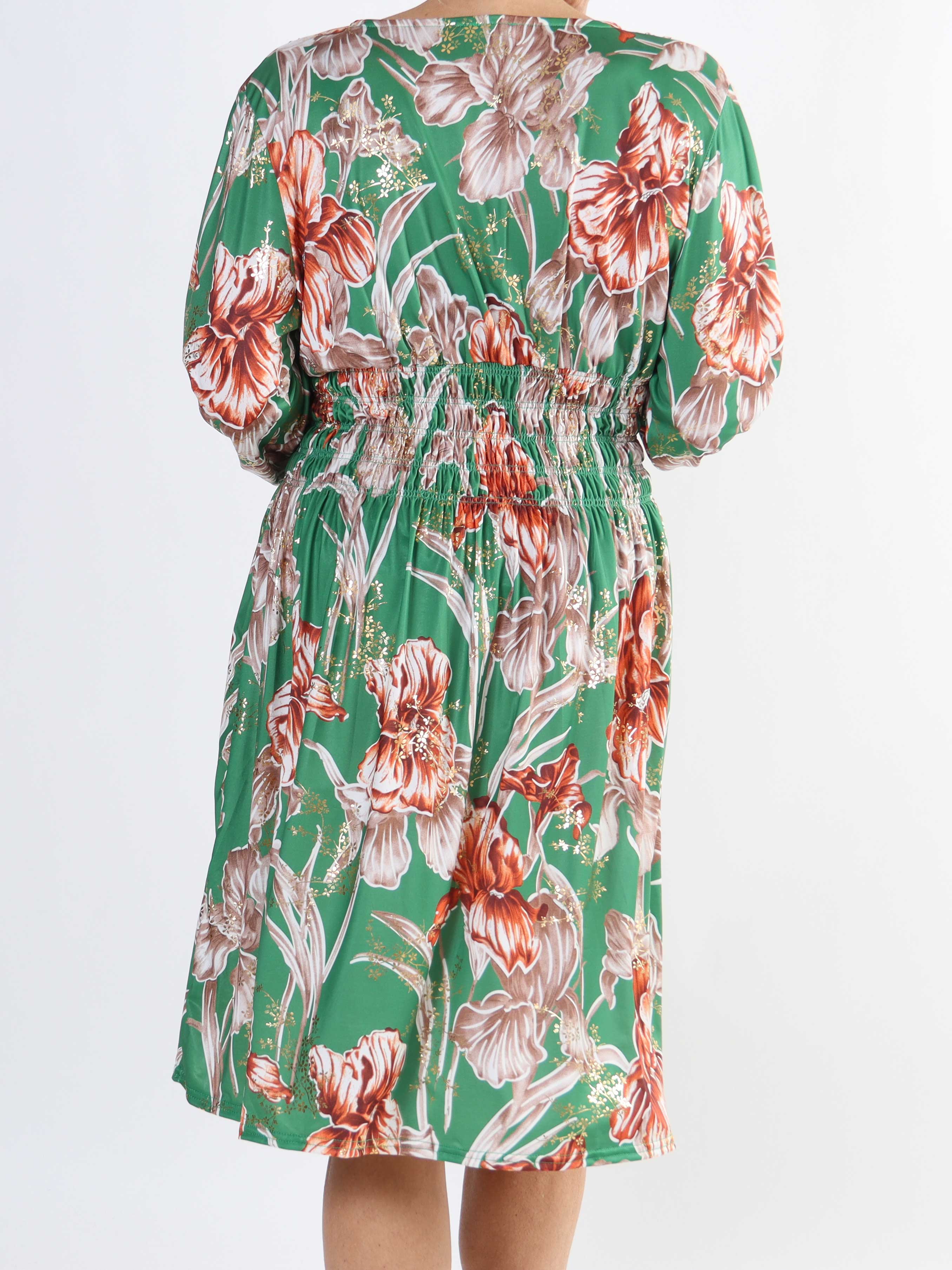 Pams Flower Short L/S - Elastisk mönstrad plus size-klänning i skrynkelfritt tyg