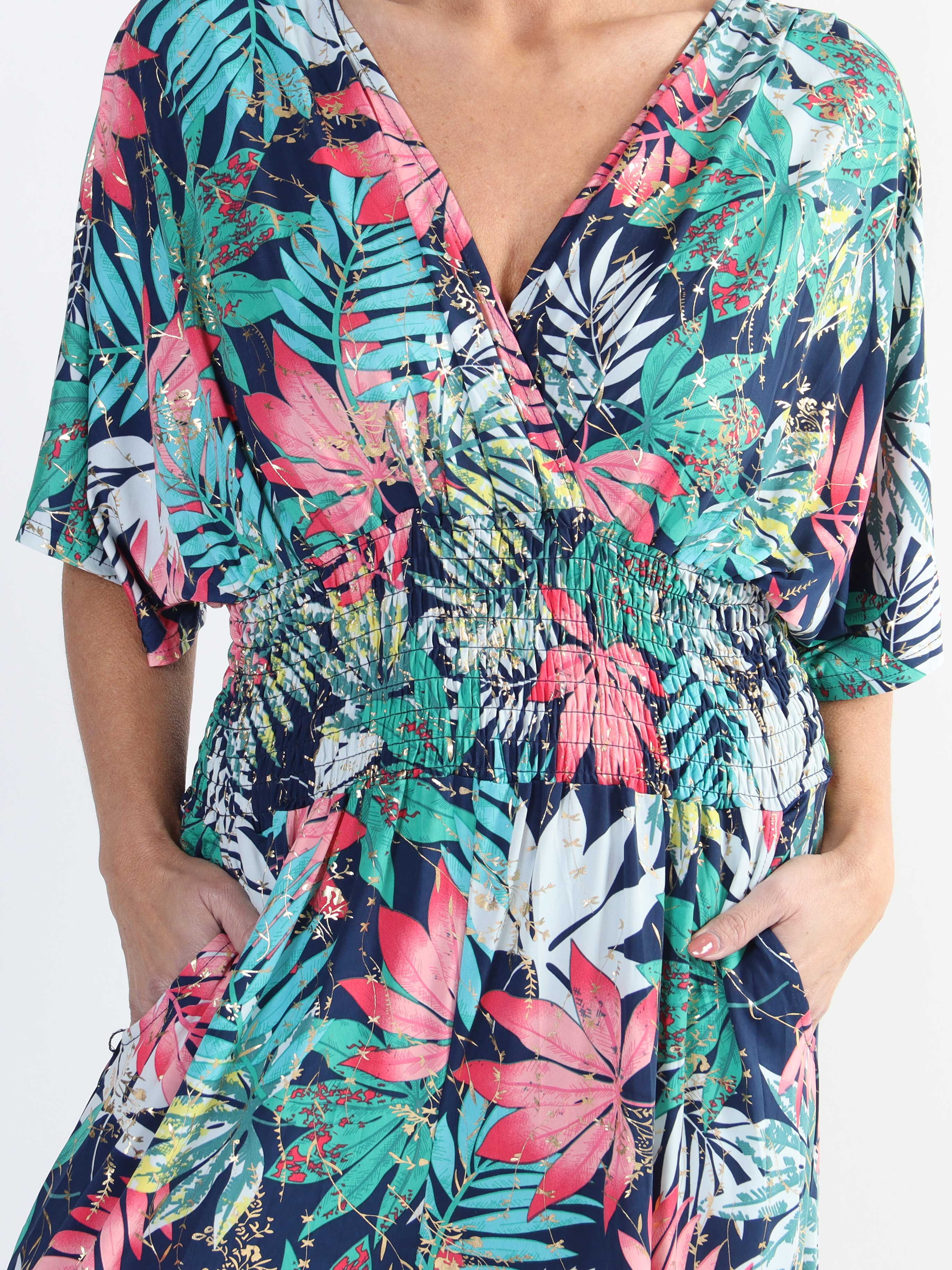 Pams Leaf Jumpsuit - Jumpsuit med resår och bladmönster i stora storlekar - Navy
