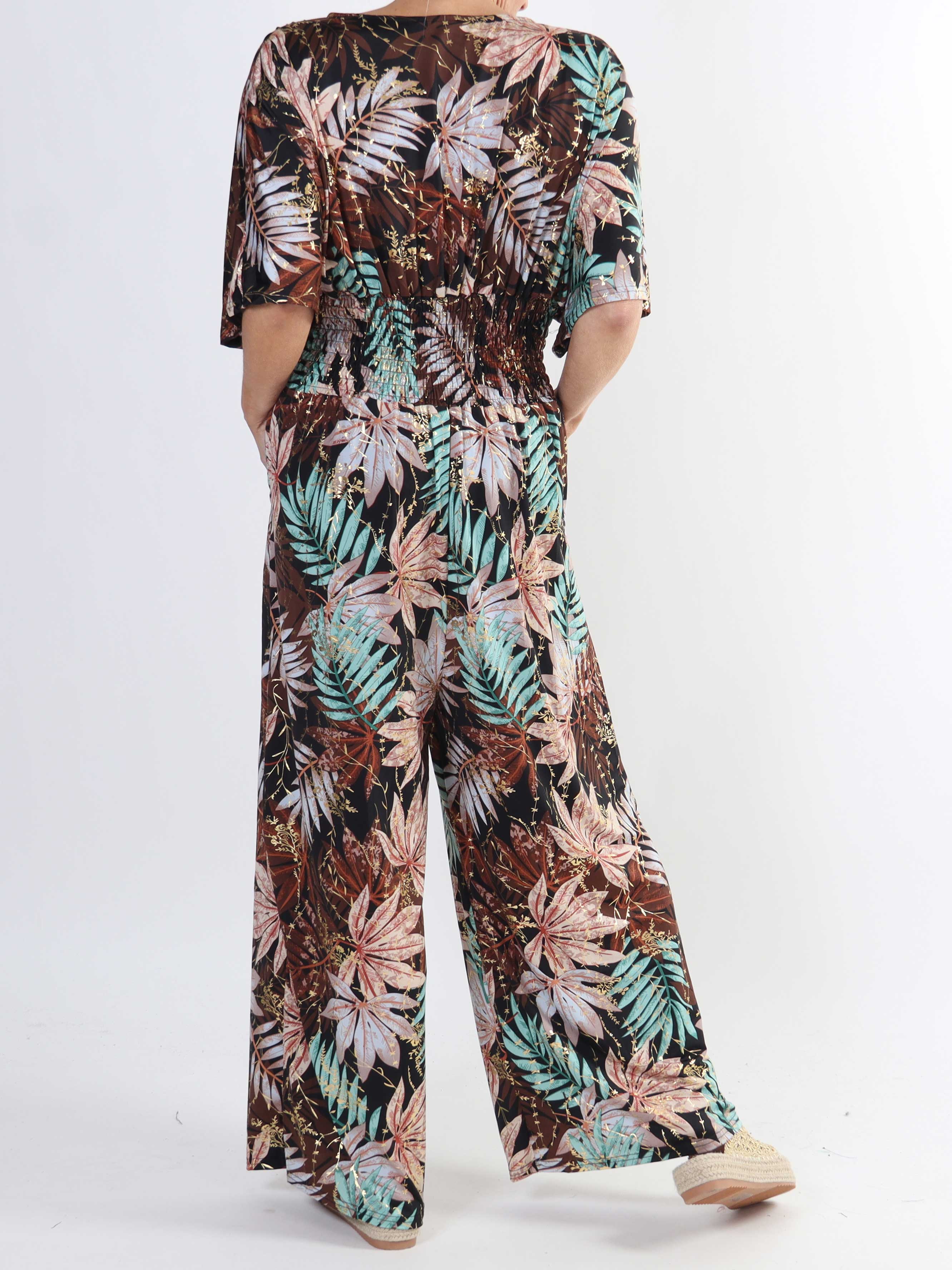 Pams Leaf Jumpsuit - Jumpsuit med resår och bladmönster i stora storlekar