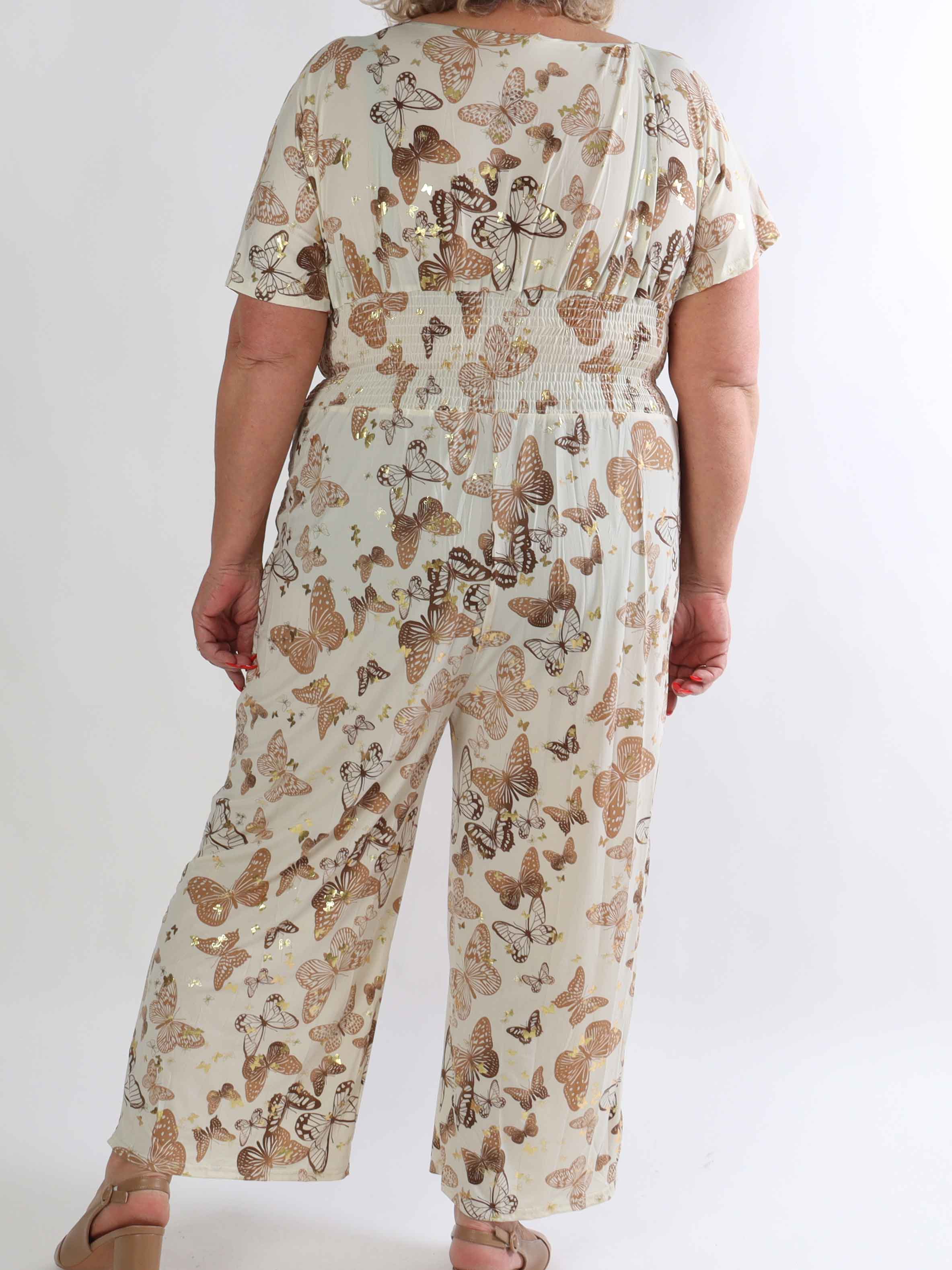 Pams Gold Leaf Jumpsuit - Plus size buksedragt med blad mønster og guld dutter