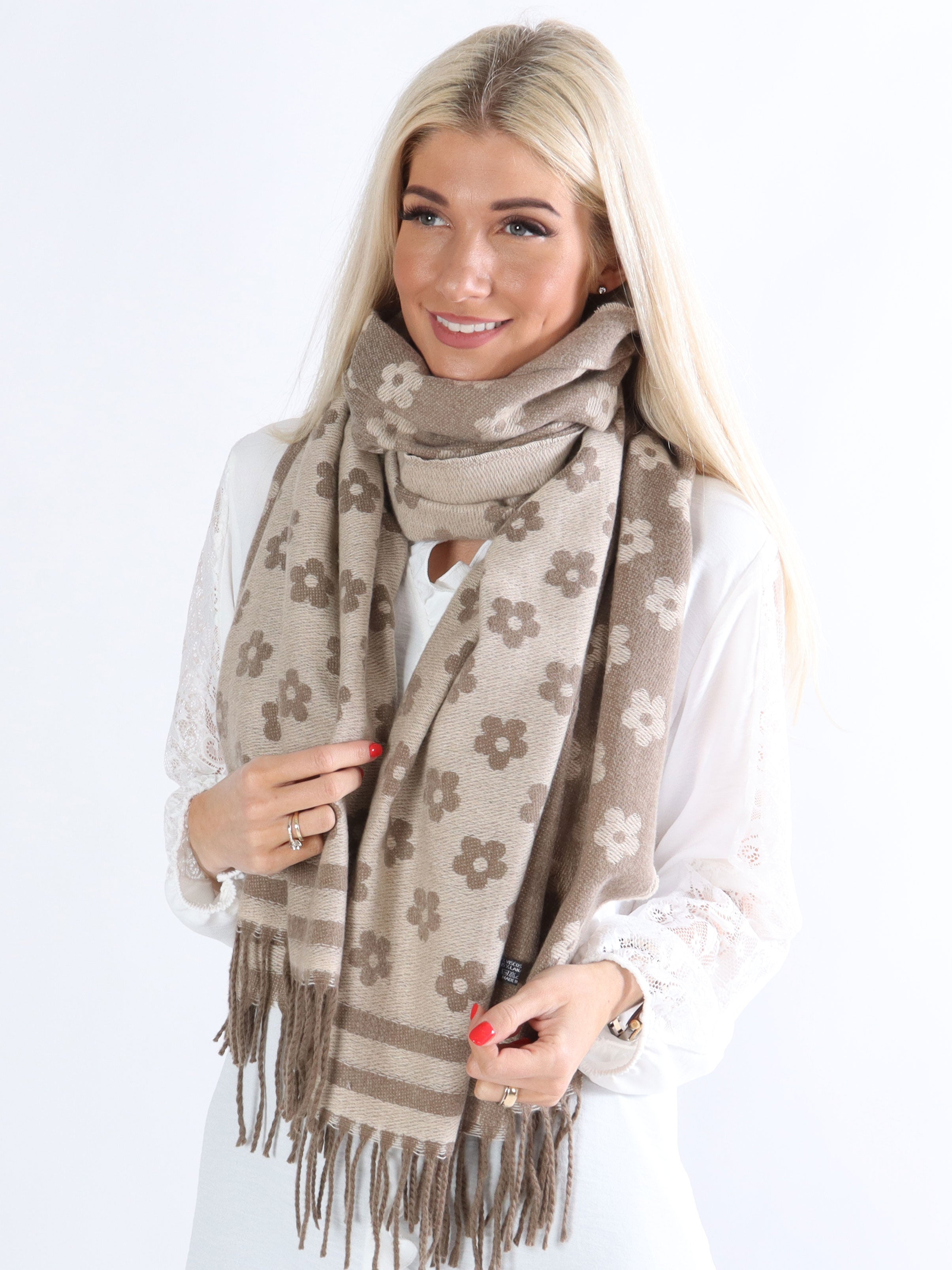 Lady - Beige mjuk halsduk med blommor