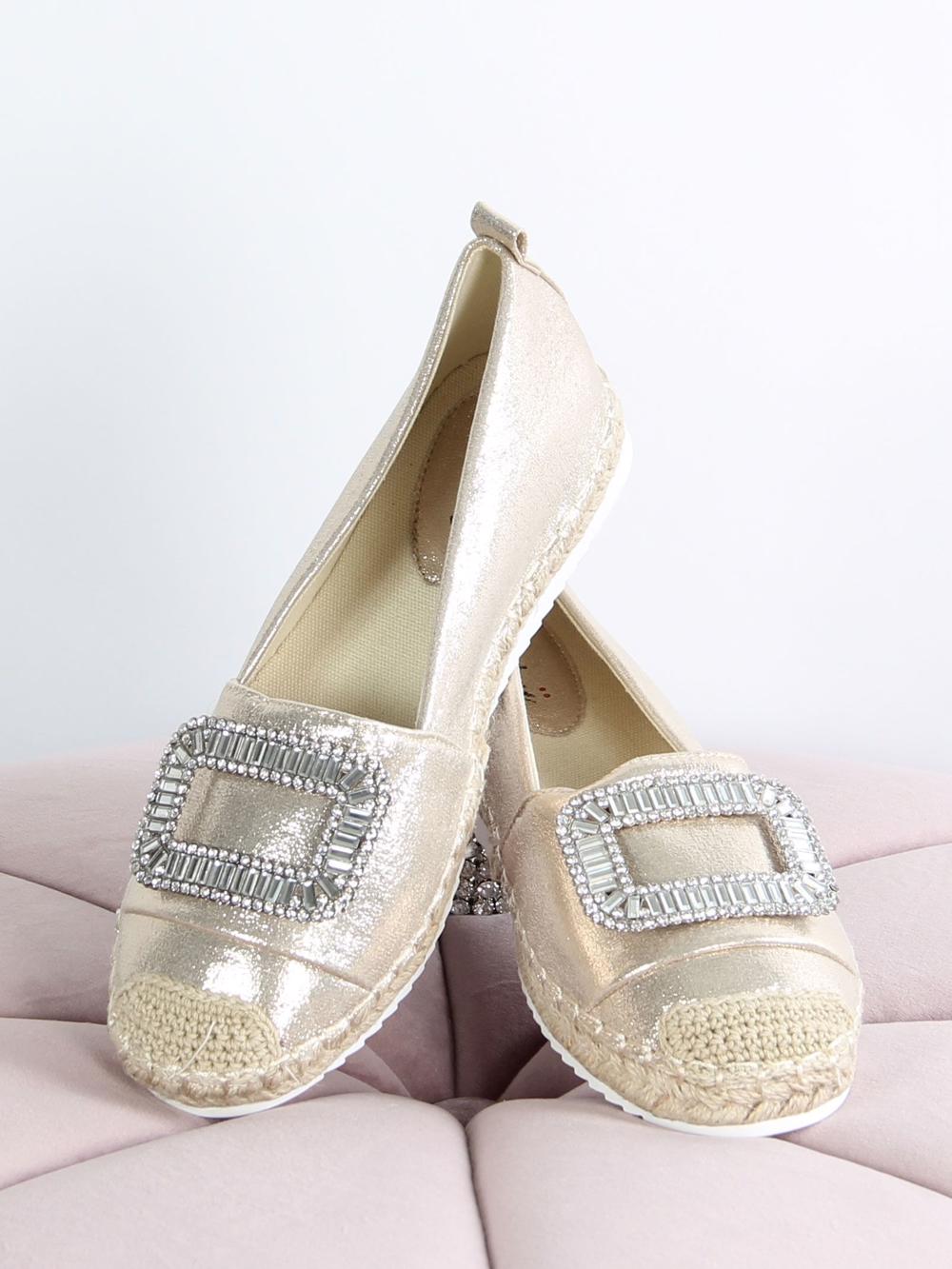 Rochelle - Guldfärgade glänsande espadrillos med stort spänne